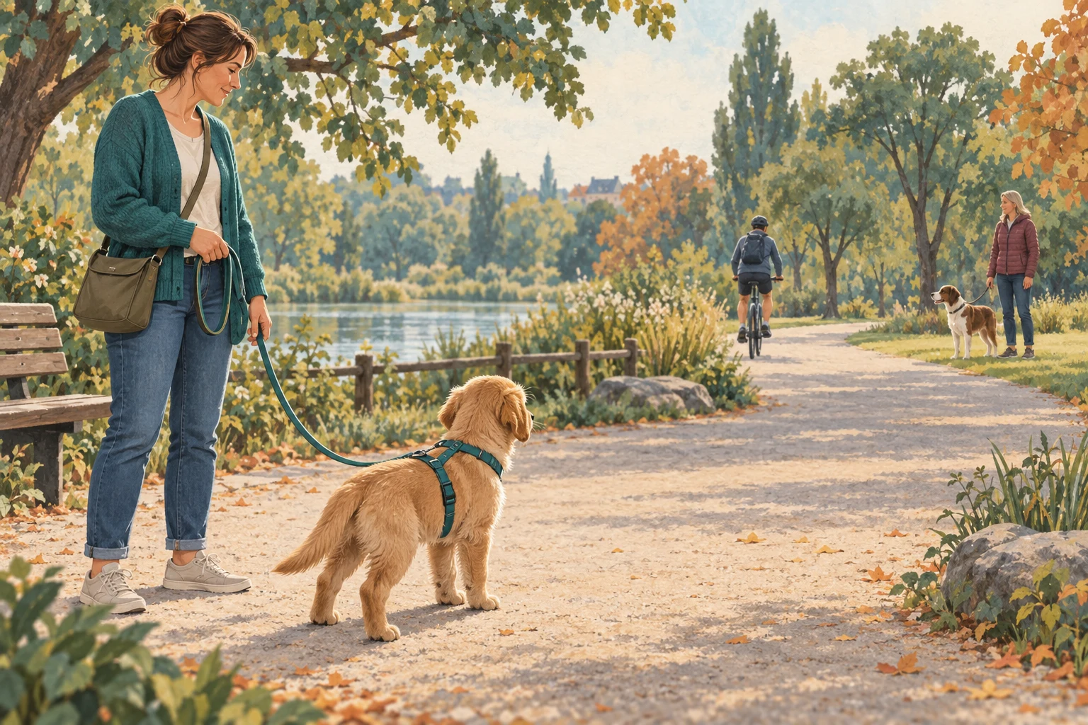 Una persona y su cachorro observan tranquilamente el entorno durante un paseo